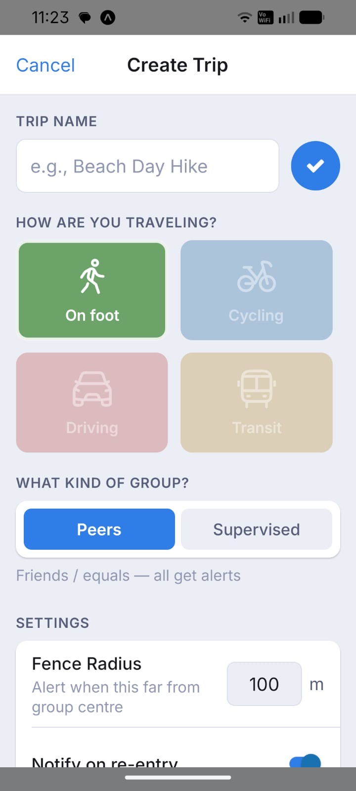 FlockEye Create Trip screen showing trip name, travel mode, and fence radius settings