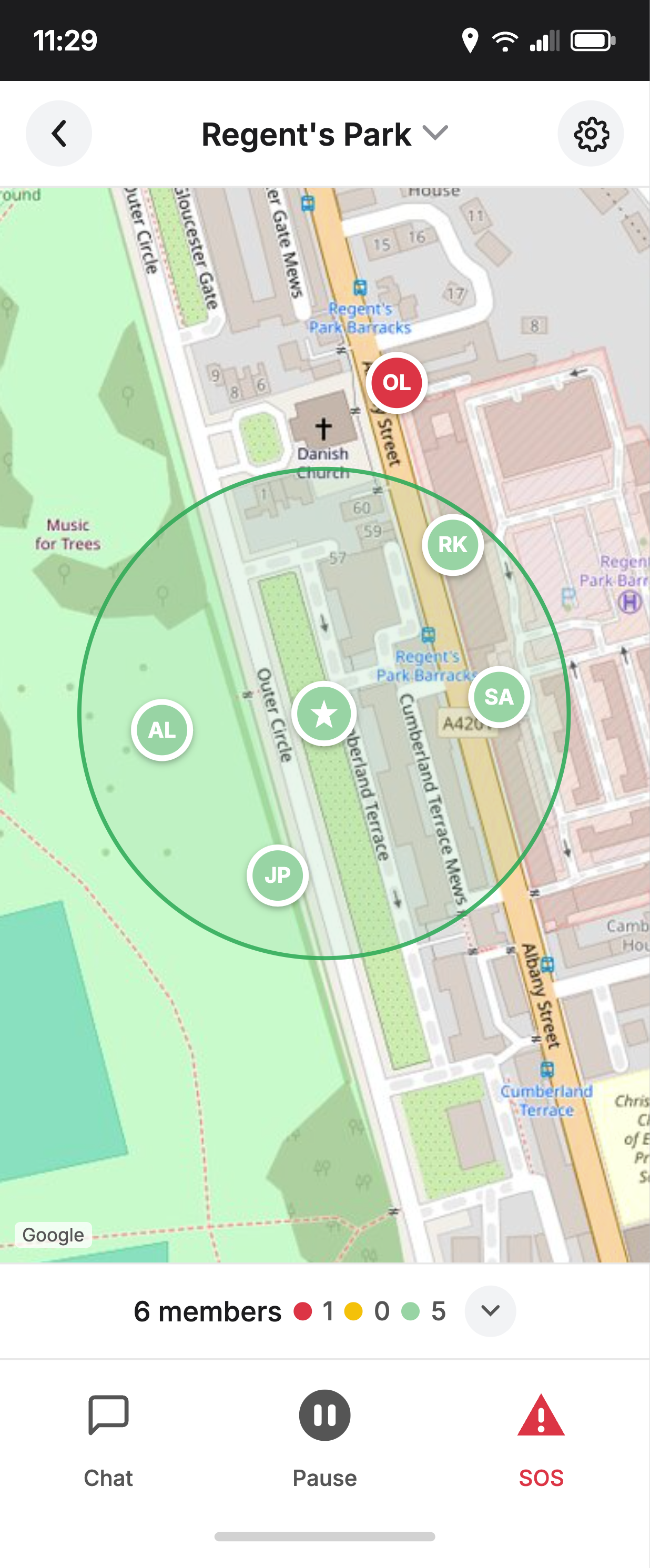 FlockEye live map showing group members and fence circle